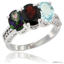 Size 9 - 14K White Gold Natural Mystic Topaz, Garnet &amp; Aquamarine Ring 3-Stone  - £604.72 GBP