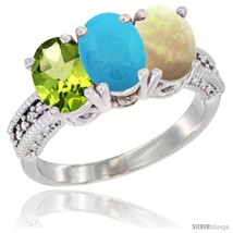 Size 7.5 - 14K White Gold Natural Peridot, Turquoise &amp; Opal Ring 3-Stone Oval  - £595.01 GBP