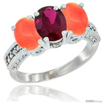 Size 6 - 14K White Gold Natural Ruby Ring with Coral 3-Stone 7x5 mm Oval  - £572.36 GBP