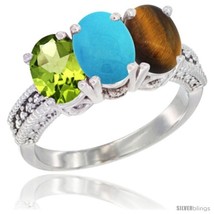 Size 6 - 14K White Gold Natural Peridot, Turquoise &amp; Tiger Eye Ring 3-Stone  - £581.68 GBP