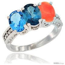 Atural swiss blue topaz london blue topaz coral ring 3 stone 7x5 mm oval diamond accent thumb200