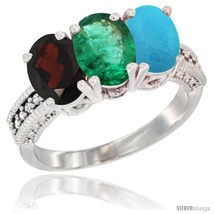 Size 5.5 - 10K White Gold Natural Garnet, Emerald &amp; Turquoise Ring 3-Stone Oval  - £493.71 GBP