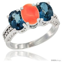 Size 6.5 - 10K White Gold Natural Coral &amp; London Blue Topaz Sides Ring 3-Stone  - £446.42 GBP