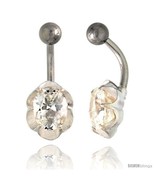 Flower Belly Button Ring with Clear Cubic Zirconia on Sterling Silver  - £26.41 GBP