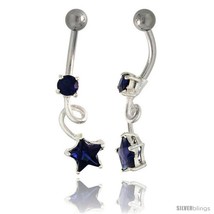 Loop Belly Button Ring with Star Cut Blue Sapphire Cubic Zirconia on Ste... - £25.92 GBP