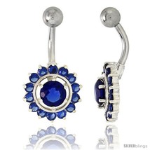 Sunflower Belly Button Ring with Blue Sapphire Cubic Zirconia on Sterling  - $33.05