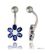 Flower Belly Button Ring with Blue Sapphire Cubic Zirconia on Sterling S... - £26.41 GBP