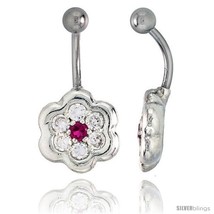 Flower Belly Button Ring with Clear Cubic Zirconia on Sterling Silver Se... - £25.92 GBP