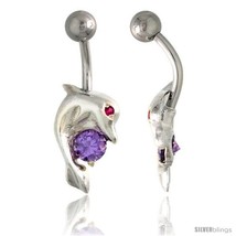 Dolphin Belly Button Ring with Amethyst Cubic Zirconia on Sterling Silver  - £26.41 GBP