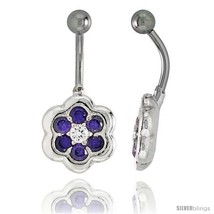 Flower Belly Button Ring with Amethyst Cubic Zirconia on Sterling Silver  - £25.98 GBP