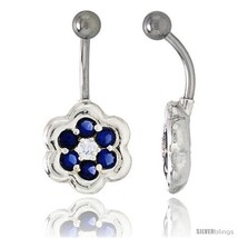 Flower Belly Button Ring with Blue Sapphire Cubic Zirconia on Sterling S... - £26.48 GBP