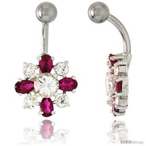 Flower Belly Button Ring with Ruby Red and Clear Cubic Zirconia on Sterl... - £25.92 GBP