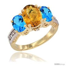 Size 7.5 - 10K Yellow Gold Ladies 3-Stone Oval Natural Whisky Quartz Ring with  - £497.46 GBP