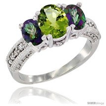 Size 6 - 14k White Gold Ladies Oval Natural Peridot 3-Stone Ring with Mystic  - £563.68 GBP