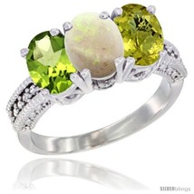 Size 9 - 14K White Gold Natural Peridot, Opal &amp; Lemon Quartz Ring 3-Stone Oval  - £573.19 GBP