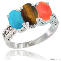 Size 5 - 10K White Gold Natural Turquoise, Tiger Eye &amp; Coral Ring 3-Stone Oval  - £446.44 GBP