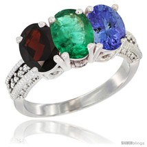 Size 9 - 10K White Gold Natural Garnet, Emerald &amp; Tanzanite Ring 3-Stone Oval  - £509.13 GBP