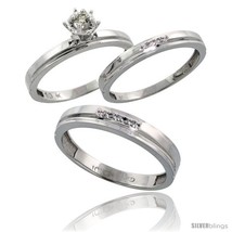 Size 9.5 - 10k White Gold Diamond Trio Wedding Ring Set His 4mm &amp; Hers  - £534.97 GBP