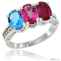 Size 9.5 - 14K White Gold Natural Swiss Blue Topaz, Pink Topaz &amp; Ruby Ring  - £583.90 GBP