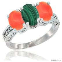 Size 6.5 - 14K White Gold Natural Malachite Ring with Coral 3-Stone 7x5 mm Oval  - £559.15 GBP