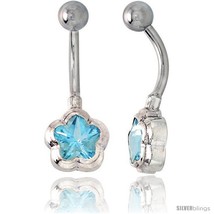 Flower Belly Button Ring with Blue Topaz Cubic Zirconia on Sterling Silver  - $33.05