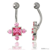 Fancy Star Belly Button Ring with Pink Cubic Zirconia on Sterling Silver  - £26.48 GBP