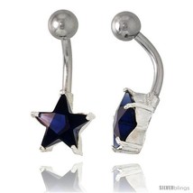 Star Belly Button Ring with Blue Sapphire Cubic Zirconia on Sterling Sil... - £26.41 GBP