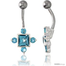 Fancy Star Belly Button Ring with Blue Topaz Cubic Zirconia on Sterling ... - £26.27 GBP