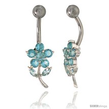 Flower Belly Button Ring with Blue Topaz Cubic Zirconia on Sterling Silver  - £26.27 GBP