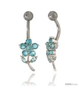 Flower Belly Button Ring with Blue Topaz Cubic Zirconia on Sterling Silver  - £26.41 GBP