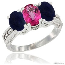Size 8 - 14K White Gold Natural Pink Topaz Ring with Lapis 3-Stone 7x5 mm Oval  - £559.53 GBP