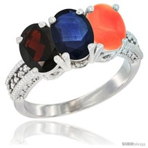 Size 7 - 10K White Gold Natural Garnet, Blue Sapphire &amp; Coral Ring 3-Stone Oval  - £472.57 GBP
