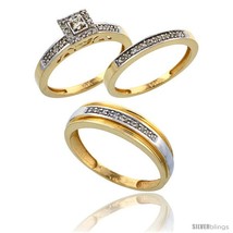 Size 8.5 - 10k Gold 3-Piece Trio His (6mm) &amp; Hers (2.5mm) Diamond Wedding Band  - £860.47 GBP