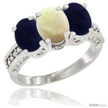 Size 7.5 - 14K White Gold Natural Opal Ring with Lapis 3-Stone 7x5 mm Oval  - £564.78 GBP
