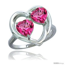 Size 5 - 10K White Gold Heart Ring 6 mm Natural Pink Topaz Stones Diamond  - £248.67 GBP