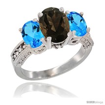 Size 9 - 14K White Gold Ladies 3-Stone Oval Natural Smoky Topaz Ring with Swiss  - £649.28 GBP