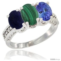 Size 9.5 - 14K White Gold Natural Lapis, Malachite Ring with Tanzanite Ring  - £591.81 GBP