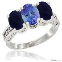 Size 8 - 14K White Gold Natural Tanzanite Ring with Lapis 3-Stone 7x5 mm Oval  - £592.02 GBP