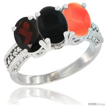 Size 5.5 - 10K White Gold Natural Garnet, Black Onyx &amp; Coral Ring 3-Stone Oval  - $537.12