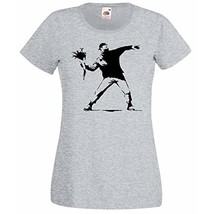 Womens Banksy Street Art Graffiti T-Shirt; Patriot Protest Flower Thrower Tshirt - £19.57 GBP