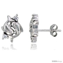 Sterling Silver Jeweled Dolphin Post Earrings, w/ Cubic Zirconia stones, 7/16in  - £24.46 GBP