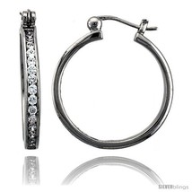 Sterling Silver Hoop Earrings Channel Set CZ, 1 in. 26  - £54.36 GBP