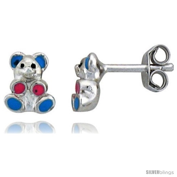 Sterling Silver Child Size Teddy Bear Earrings, w/ Blue & Pink Enamel Design,  - $25.85