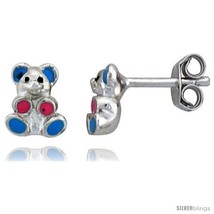 Sterling Silver Child Size Teddy Bear Earrings, w/ Blue &amp; Pink Enamel De... - $25.85