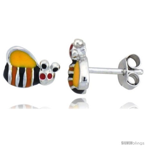 Sterling Silver Child Size Bumble Bee Earrings, w/ Yellow, Black & Orange  - £19.46 GBP