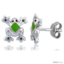 Sterling Silver Child Size Frog Earrings, w/ Green Enamel Design, 3/8in  (9 mm)  - $25.85