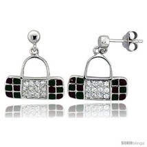 Sterling Silver 5/8in  (16 mm) tall Purse Dangle Earrings, Rhodium Plated w/ CZ  - £51.87 GBP