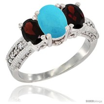 Size 5 - 10K White Gold Ladies Oval Natural Turquoise 3-Stone Ring with Garnet  - £449.81 GBP