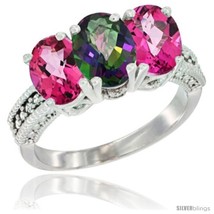 Size 6.5 - 10K White Gold Natural Mystic Topaz &amp; Pink Topaz Sides Ring 3-Stone  - $556.76