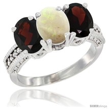 Size 10 - 10K White Gold Natural Opal &amp; Garnet Sides Ring 3-Stone Oval 7x5 mm  - £442.60 GBP